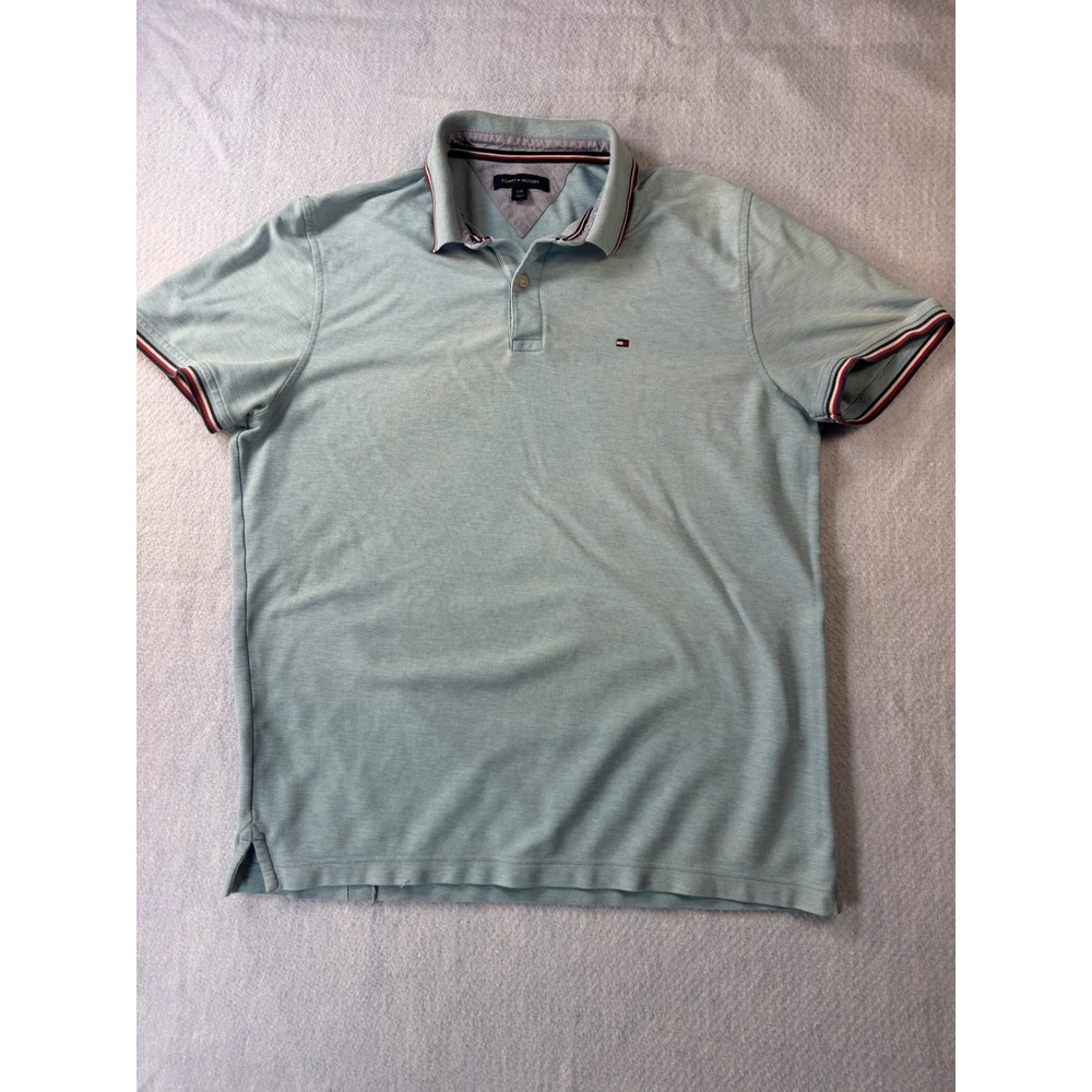 Tommy Hilfiger Mens Polo Shirt Light Blue Short Sleeve Tipped Collar Size L